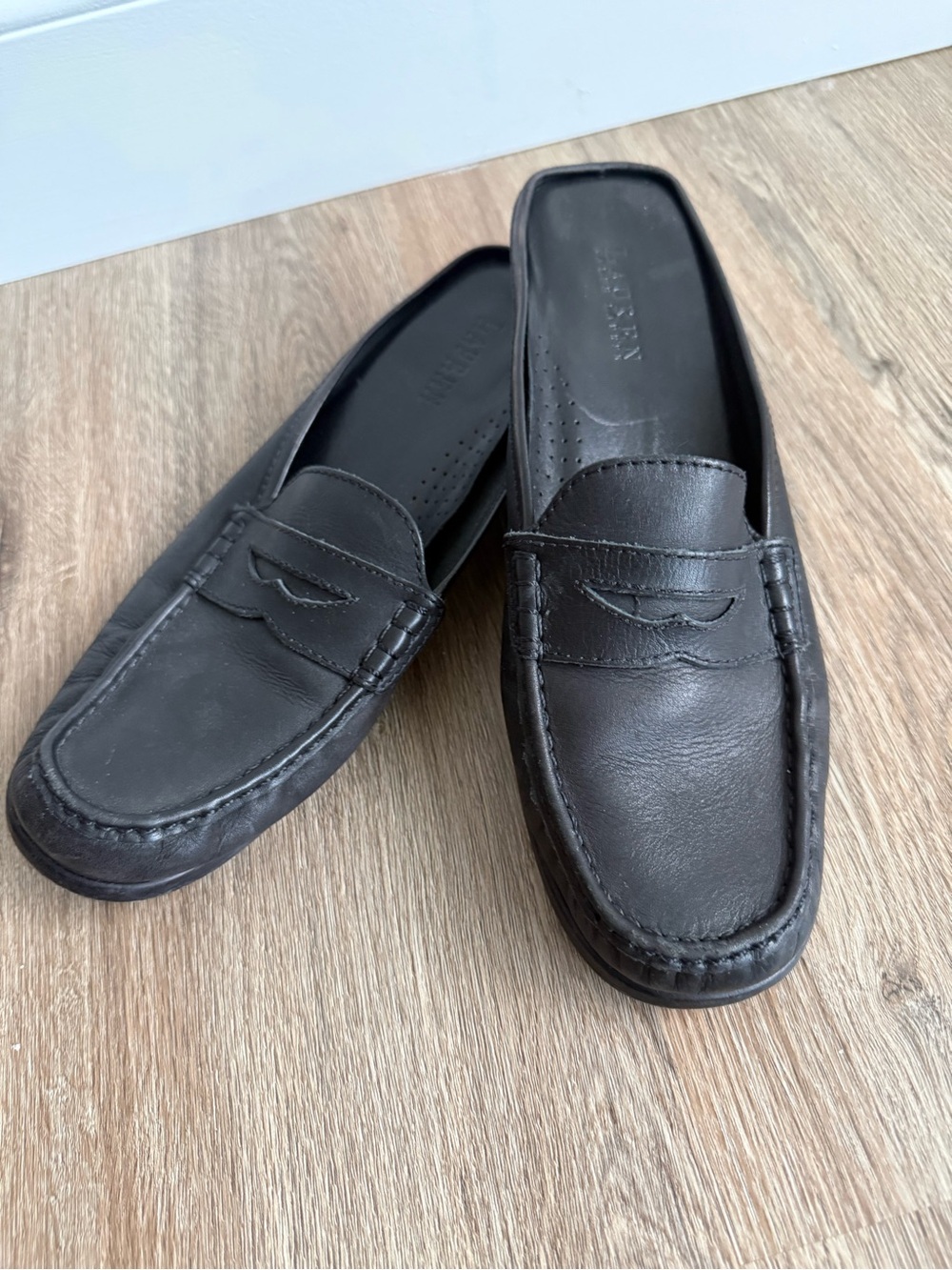 Lauren Ralph Lauren Carol Loafer Mules Black Leather Slip-On Size 10
